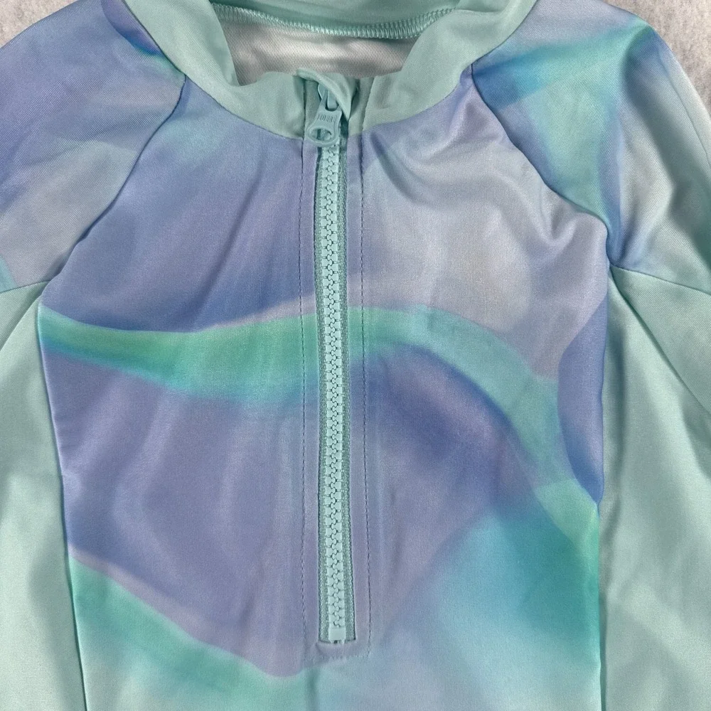 DSG Girls‎ Medium Aqua Blue Long Sleeve Rash Guard One Piece Swimsuit NWT